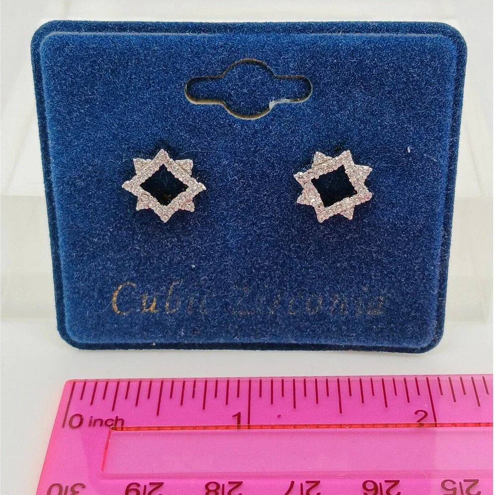 Vintage 1990s Cubic Zirconia Geometric Star Stud Earrings Silver Tone New‎
